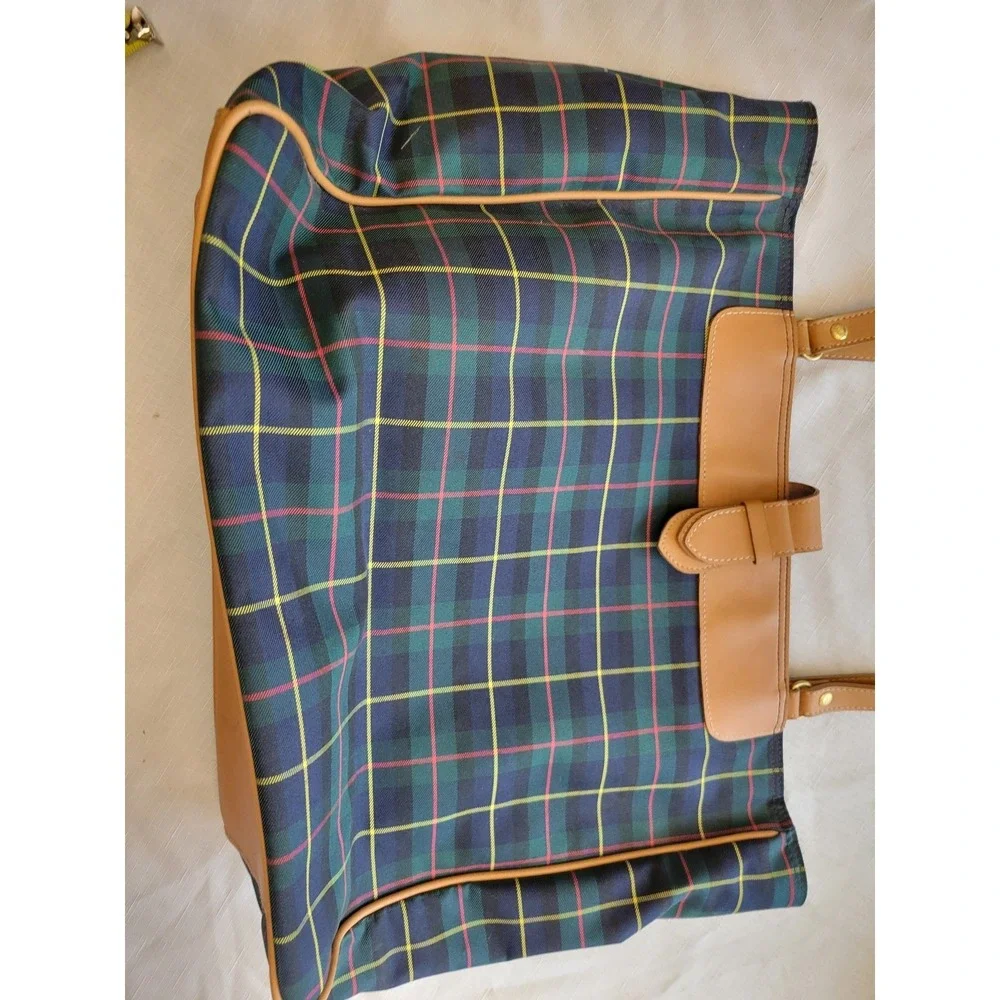 Keds Plaid Canvas‎ & Faux Leather Tote Bag Women's Large Shoulder Handbag Navy